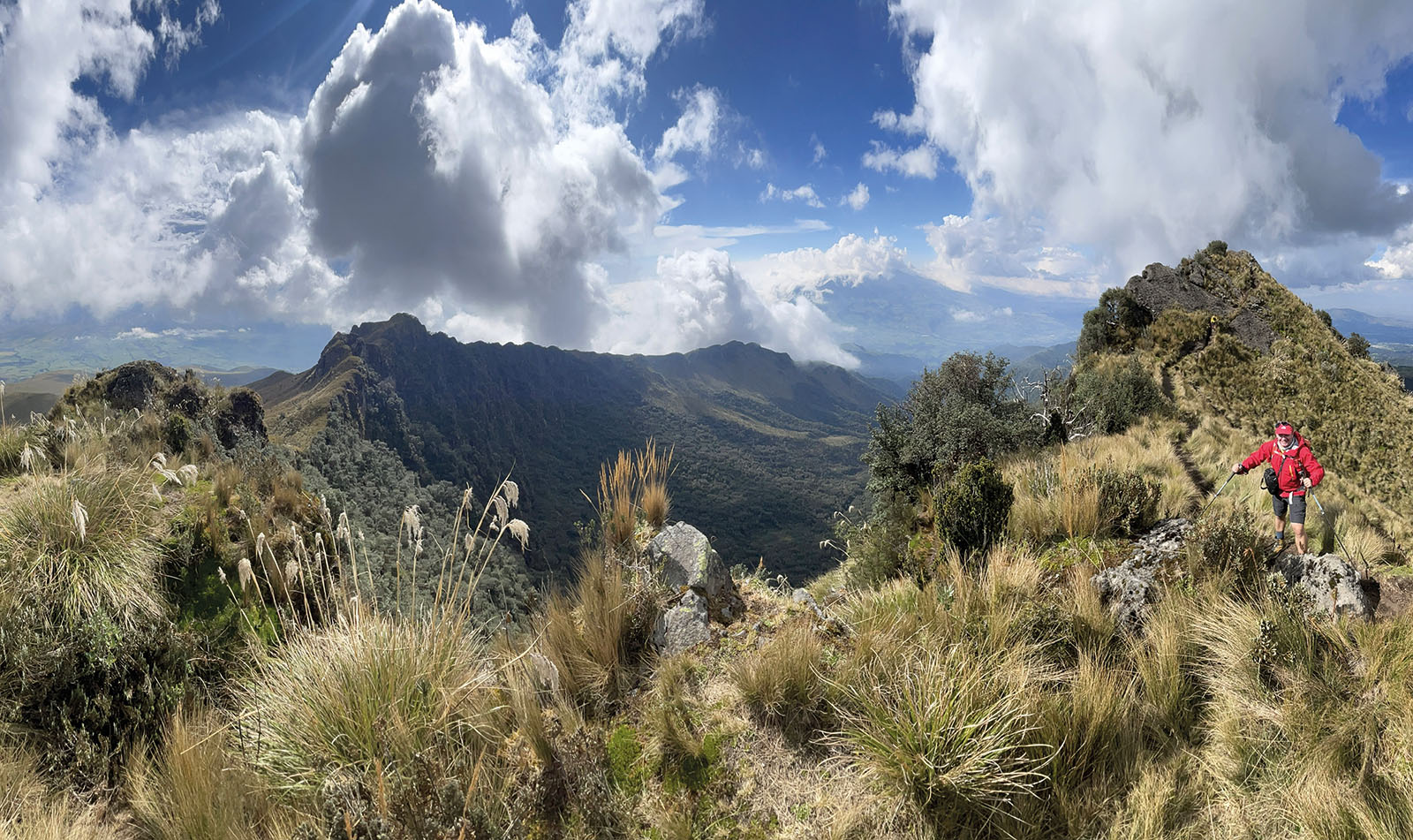 Magányos óriás –A Chimborazo tömbje délnyugat felől. A paramo hűvös legelővidékéről, itt 3900 m-ről szemlélve majd’ 2500 m-rel magasodik fölénk. A felhők ostromolta, jégsapkás óriásról nem véletlenül gondolta Humboldt, hogy a Föld legmagasabb hegye